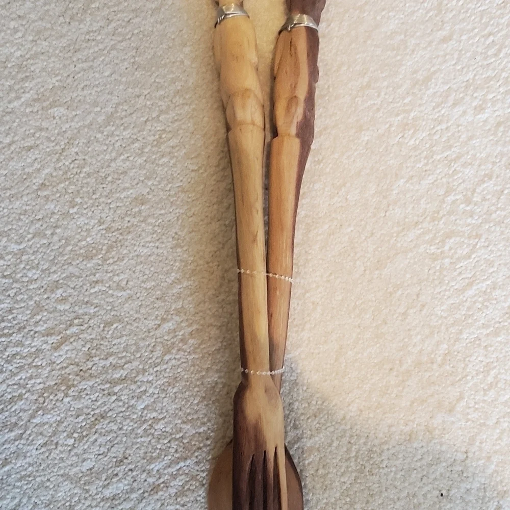 Kenya hand carved  vintage serving spoon and fork. 15 in
